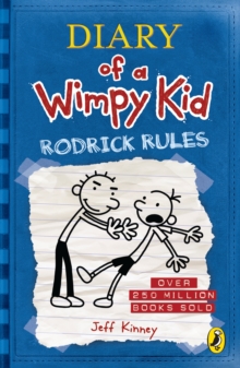 blue cover with a white, lined, ripped from a notepad piece in the middle. there's a drawing of Roderick pushing Greg